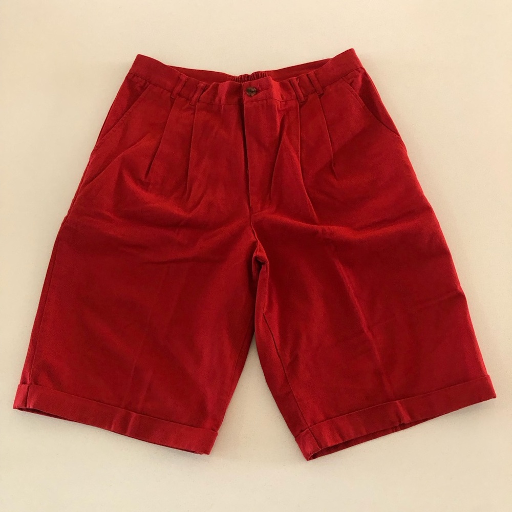 Vintage Red Pleated Bermuda Shorts Small unisex long preppy cotton